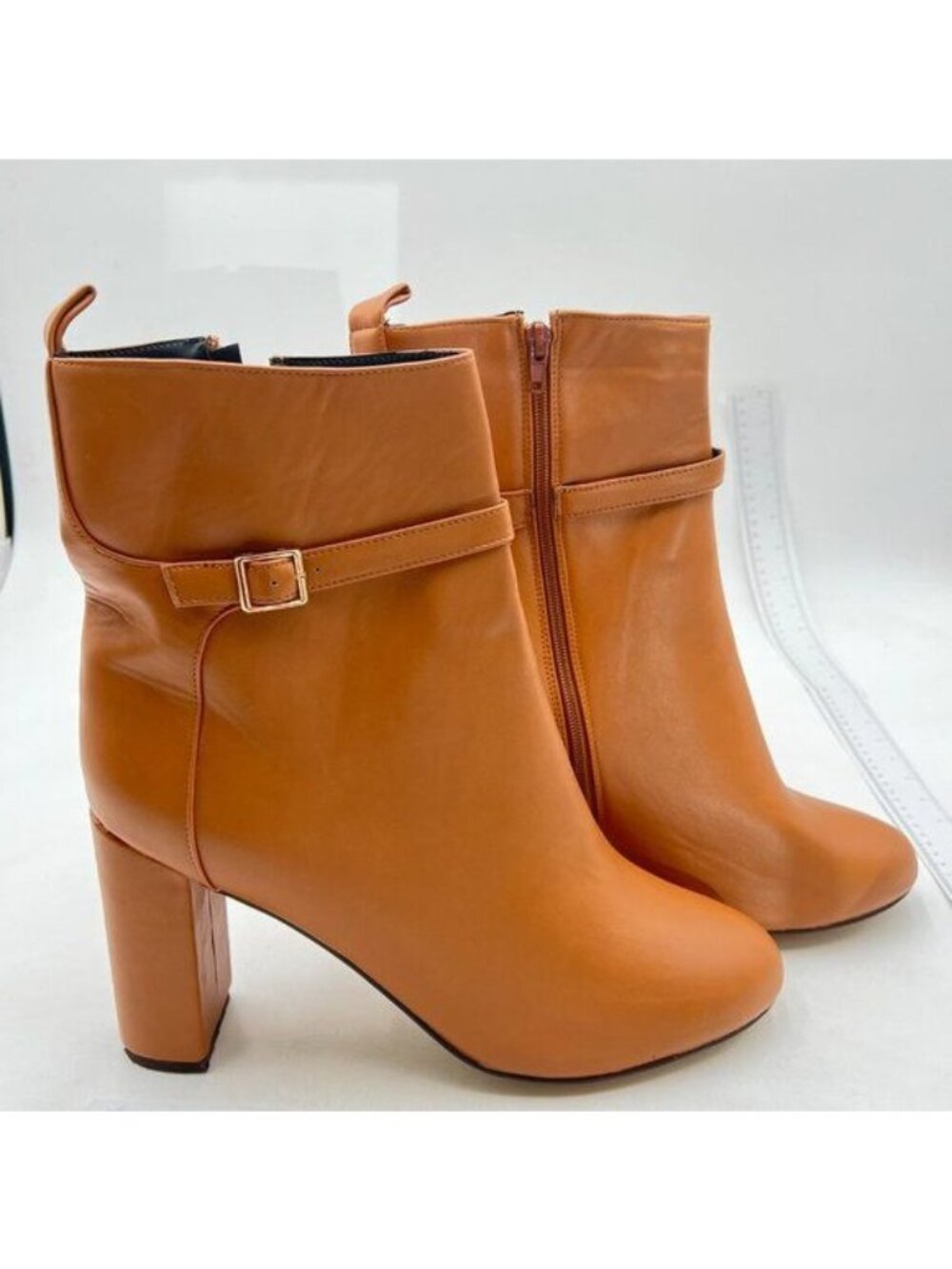 Brown Women Ankle Boots Side Zip Closed Toe Block Heel Buckle Strappy Dress Shoe